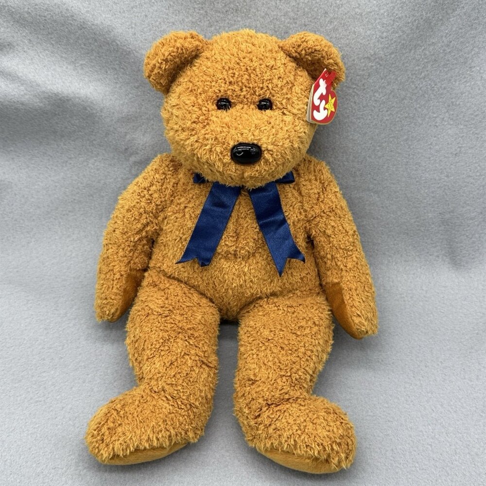 Teddy Bear Fuzz Brown Blue Bow Tie 1999 Plush Stuffed Toy 13" TY Beanie Buddies - Picture 3 of 13